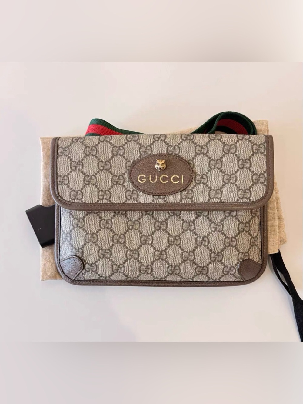 🚩steal Gucci Beige Brown GG Canvas Belt Bag with Green-Red Web Strap